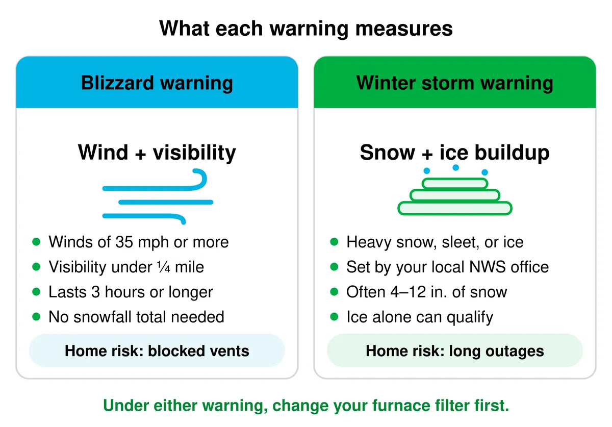 Side-by-side comparison: a blizzard warning measures wind and visibility (35 mph+ winds, visibility under ¼ mile, 3+ hours, no snowfall total needed; home risk is blocked vents), while a winter storm warning measures snow and ice buildup (heavy snow, sleet, or ice meeting local NWS thresholds, often 4–12 inches; home risk is long power outages).