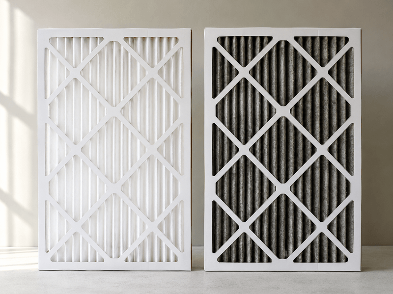 A new pleated MERV 13 filter next to a gray filter loaded with wildfire smoke particulate after two weeks of use.