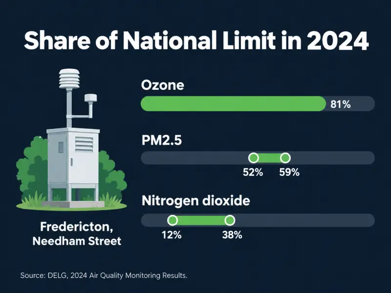 Graphique montrant l'ozone de Fredericton 2024 à 81%, le PM2,5 à 52-59% et le dioxyde d'azote à 12-38% des limites nationales