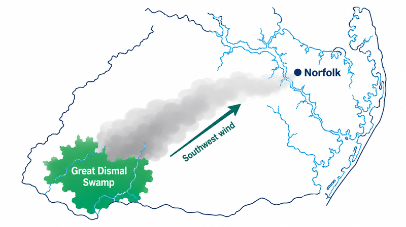 Diagram showing smoke drifting northeast from a peat fire in the Great Dismal Swamp toward Norfolk, Virginia.